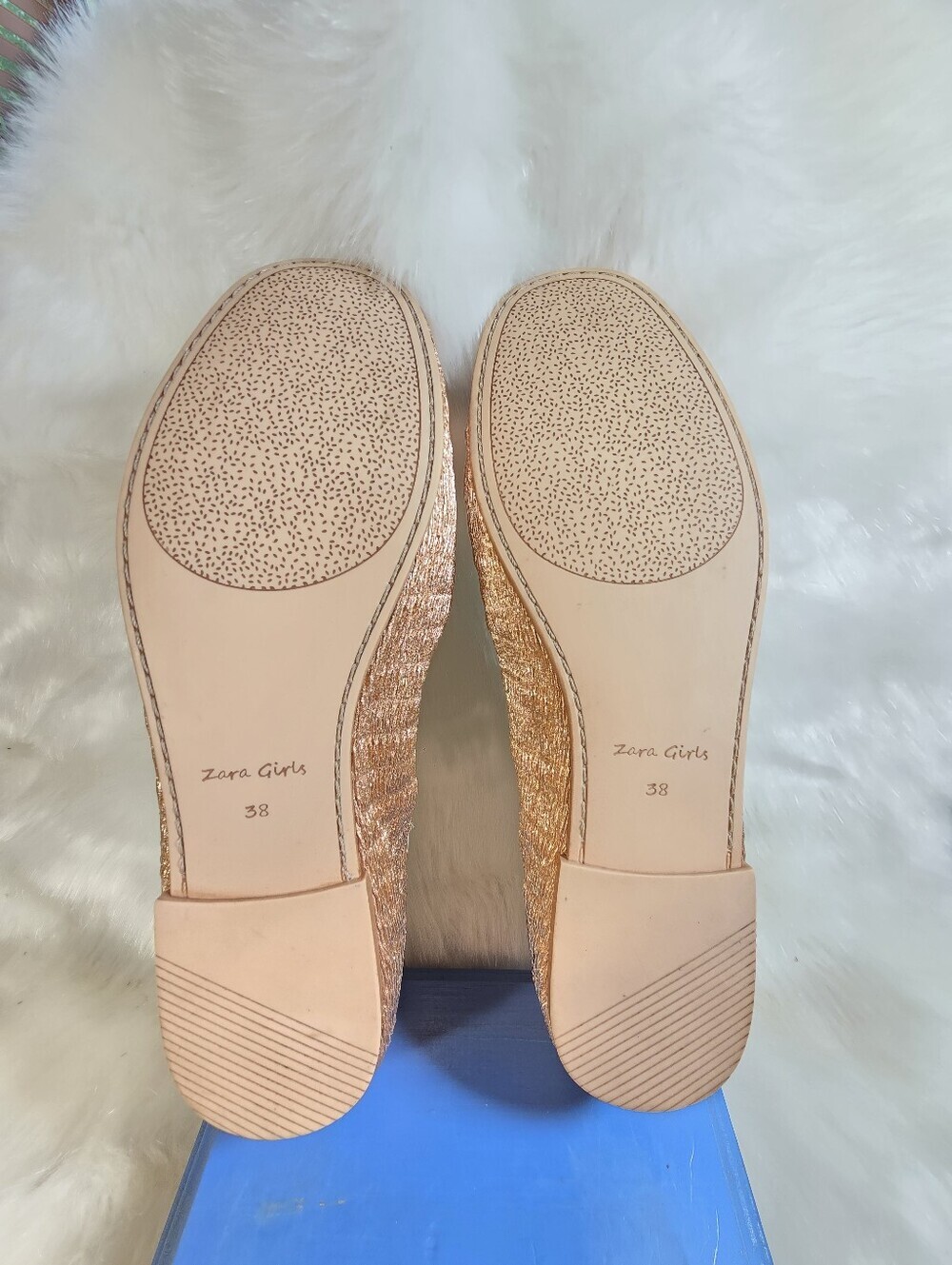 Zara Girls Shimmery Rose Gold Ballet Flats with Bow & Removable Ankle Ribbons - Picture 8 of 12